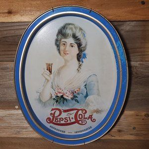 Pepsi-Cola Victorian Girl Advertisement Metal Tray - Oval - Blue & Gold - 14.5 x
